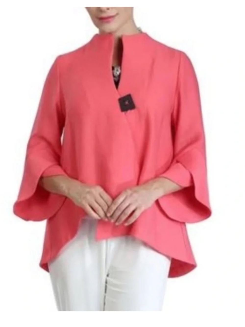 IC by Connie K Lovely ribbed Asymmetrical Coral Jacket 1 button, Bell Sleeve